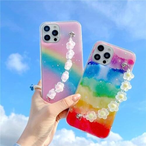 Glitter Stars Rainbow Jelly Flower Wristband Case For Samsung Galaxy A50 A70 A51 A71 A52 A72 A31 A21S A02S A32 5G A42 Soft Cover