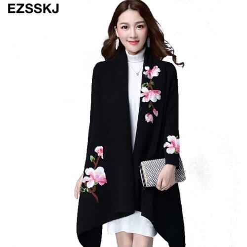 Elegant Cardigans sweater cloak coat women floral embroidery kimono autumn winter long female overcoat long sleeve trench coat