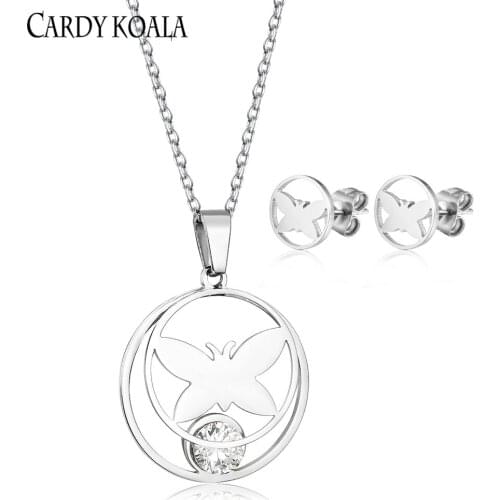 Mori Ring Hollow Butterfly Diamond-studded Titanium Steel Small Fresh Pendant Necklace Earring Set Gold-plated Childrens Earrin