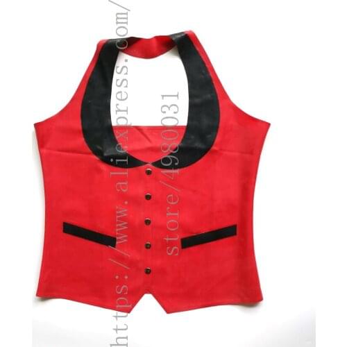 Custom color 100% handmade red latex waist-coat womens latex vest jacket with black collars decorations