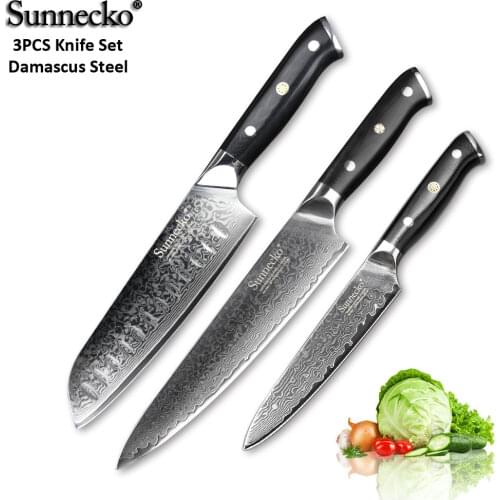 SUNNECKO New 3PCS Kitchen Knives Set Santoku Chef Paring Knife Japanese Damascus VG10 Razor Sharp Blade Cutting Tools G10 Handle