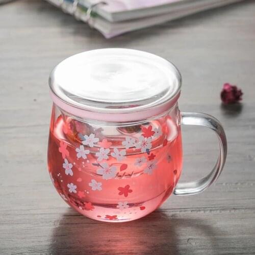 Cherry blossoms glass mug set 300ml Sakura Mug mug With Tea Infuser Filter Lid Flower Transparent Heat Resistant Glasses cup