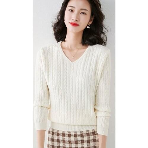 High waist slim V-neck Pullover long sleeve autumn winter sweater womens Korean loose short solid color warm simple sweater a