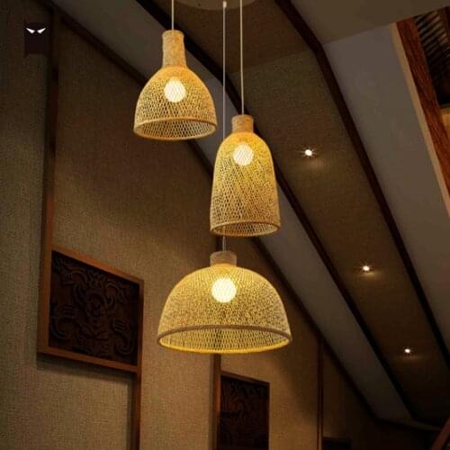 Single Bamboo Wicker Rattan Cover Shade Pendant Light Fixture Craft Scandinavian Hanging Ceiling Lamp Luminaria E27 E26 Bulb