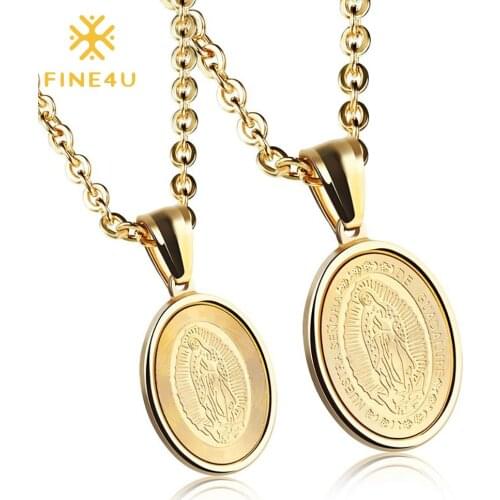 FINE4U N826 Gold Color Virgin Mary Medal Pendant Necklace for Women/Men Christian Religious Jewelry