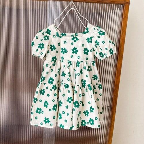 Hollead 2-9 Years Baby Girls Dresses Girls Square Collar Puff Sleeve Princess Dresses Summer Kids Floral Printed Casual Costume