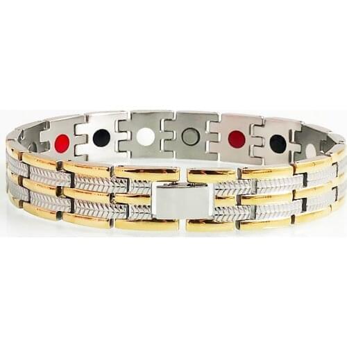 Male Gold Plated Stainless Steel Wide Hand Bracelets Mens Health Benefit Magnetic Bio Therapy Homme Bangle Chain Jewelry Gifts