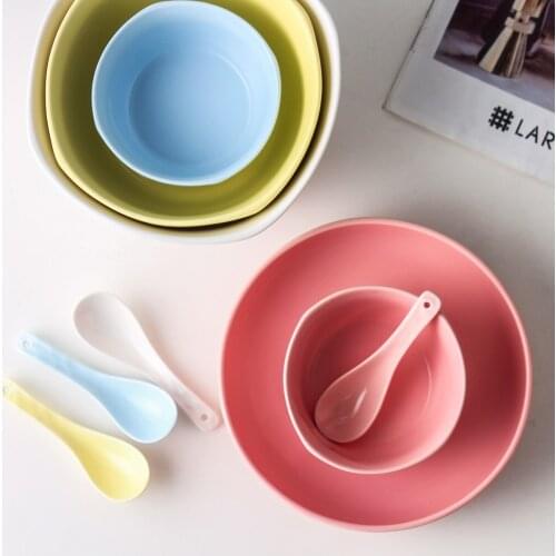 Simple Creative Candy Coloured Glaze Ceramic Tableware Plate and Bowl Fruit Salad Plate and Bowl Household Rice Bowl Soup Bowl
