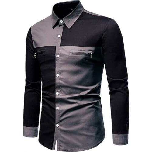 Men Shirts Patchwork Long Sleeve Zipper Design Turn-down Collar Business Shirt Blouse Streetwear Mens Casual Shirt Large Size