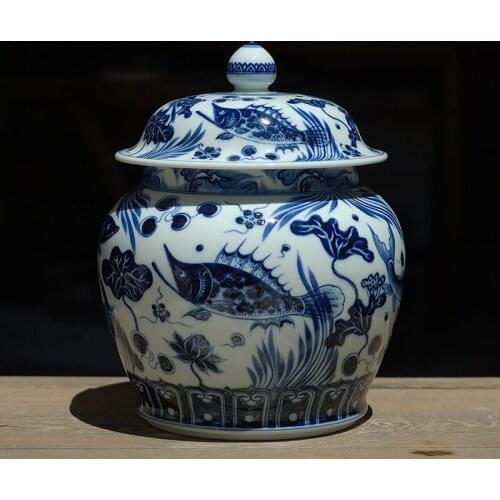 Hand-painted Blue and White Yuan Dynasty Imitation Fish and Algae Pattern General Pot Ceramic Tea Caddy