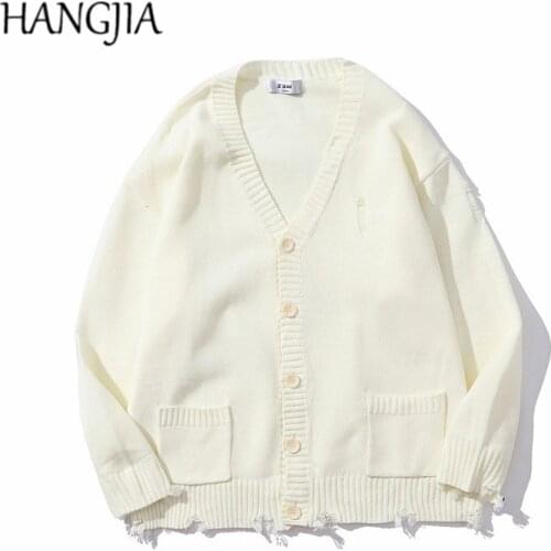 Hip Hop Hole Ripped Cardigan Knitwear Women 2021 Fashionable Harajuku Buttons Pockets Knitted Cardigan for Men Oversized