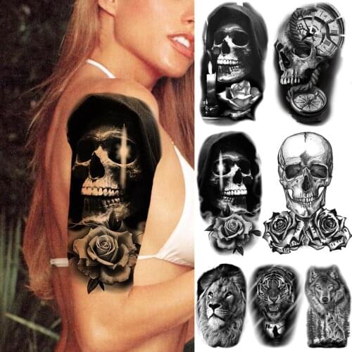 Skull skeleton Rose Flower Temporary Tattoos For Women Men Realistic Wolf Tiger Waterproof Fake Tattoo Sticker Arm Tatoos Body