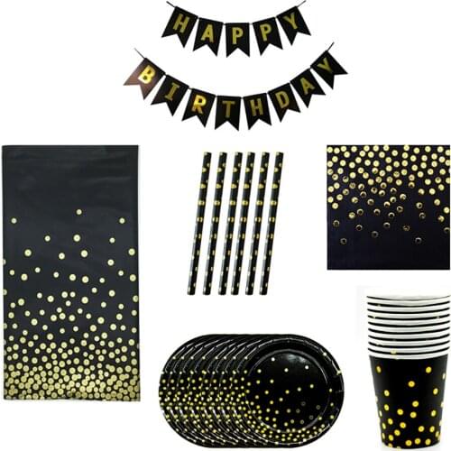 56pcs Black Gold Dots Plates Cups Napkins Straws Banners Birthday Wedding Party Decorations Gold Dot Disposable Tableware