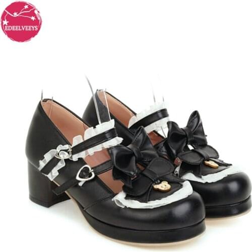 Women Fashion Med Heel Bow Buckle Strap Platform Round Toe Cosplay Lolita Mary Janes Shoes Japanese Kawaii Cartoon Bear Head