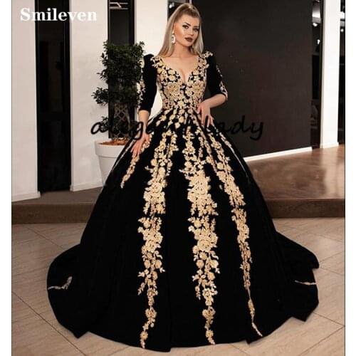 Smileven Caftan karakou algerien Formal Evening Dress Ball Gowns 3/4 Sleeve Velvet Appliques Peplum Occasion Evening Prom Gown