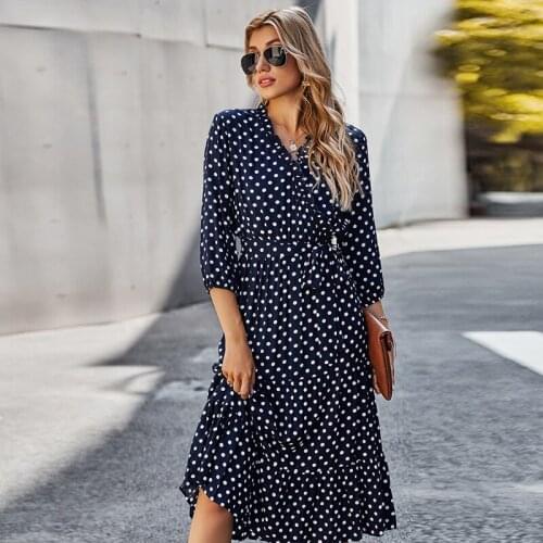 Explosive Classic Polka Dot Print Dress Woman Midi Skirt Long Sleeves High Waist V-Neck Dresses Women Summer Suits With Skirt