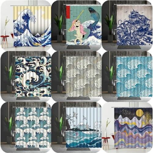 Japanese-Style Bath Curtains Kanagawa Big Wave Waves 3D Printing Pattern Bathroom Partition Bathtub Decoration Shower Curtain