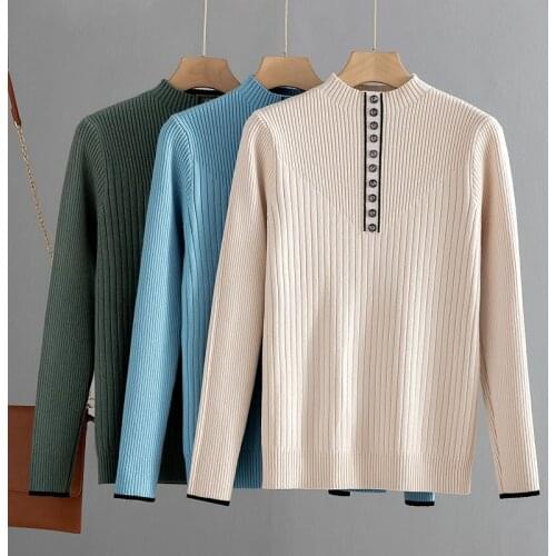 GIGOGOU Button Women Sweater Thick Autmn Winter Warm Turtleneck Pullover Jumper Female Stretchy Knitted Ribbed Sweater Top