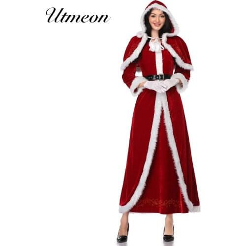 Adult Cosplay Santa Claus Womens Red Flannel Long Dress Xmas Christmas Costumes Sexy Santa Dress Costume
