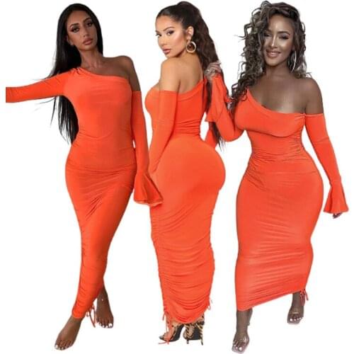 2021 Summer Autumn Woman Dresses New Orange Sexy Dress Temperament Commuter Chest Wrapped Medium Waist Large Size Dress