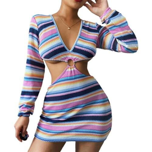 Ladies Sexy V-neck Short Dress, Summer Women Temperament Mixed Color Stripes Long Sleeve Waist Hollow Knitted Skirt