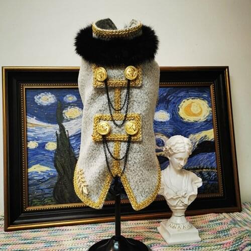 Handmade Winter Dog Clothes Royal Temperament Prince Grey Woolen Coat Fur Collar Gold Button Breasted For Boy Poodle Maltese