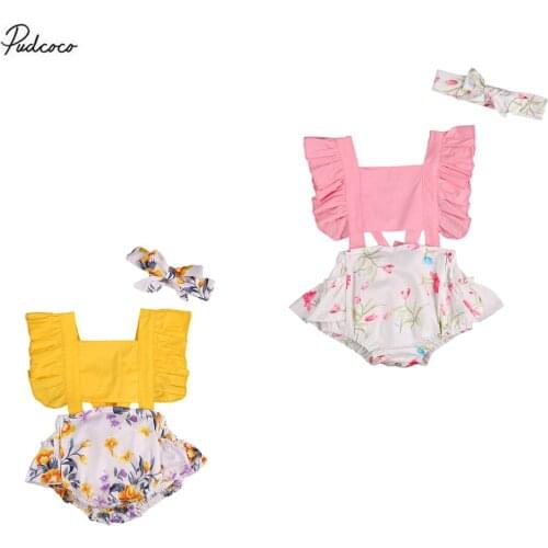 2020 Baby Summer Clothing Infant Newborn Baby Girls Floral Patchwork Bodysuits Headband Ruffled Sleeve Jumpsuits