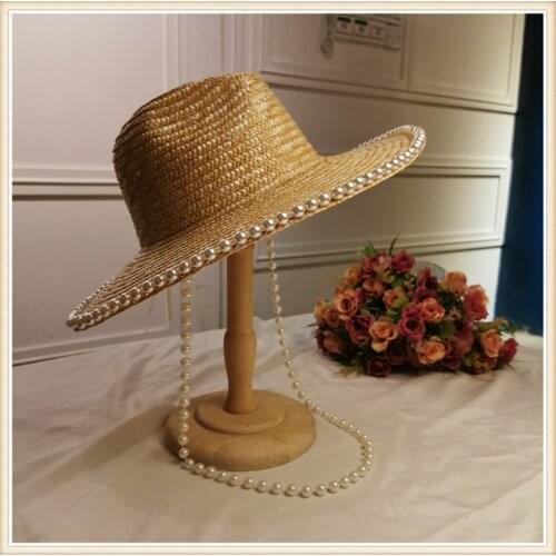202106-shi new summer handmade STRAW long pearl chain leisure lady fedoras cap women panama jazz hat