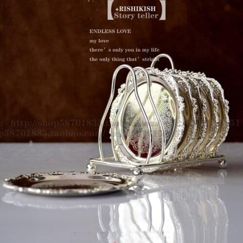 6PCS/set alloy metal round coffee/tea cup coaster cup pad mat with wire rack holder engraved embossed desk set dishware 340B