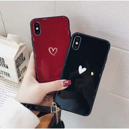 BONVAN Glass Case For Samsung Galaxy A10 A30 A50 A70 A90 Hard Cover For Samsung A20 A40 A60 A80 Simple Heart Lanyard Couqe Capa