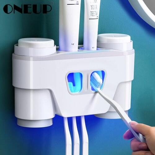 ONEUP Automatic Toothpaste Dispenser Dust-proof Toothbrush Holder With Cups No Nail Wall Stand Shelf Bathroom Accessories Sets