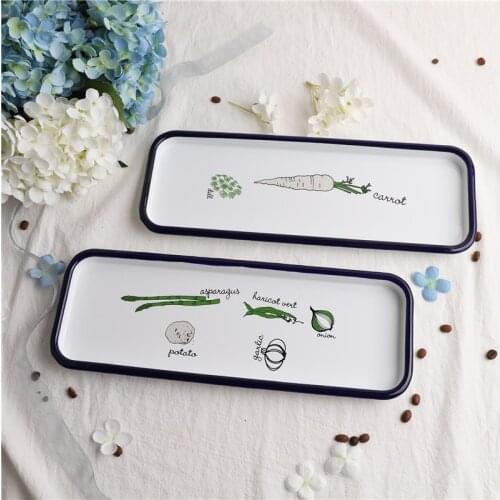 35cm long vegetable series enamel sushi plate square tray enamel baking dish grilled fish dish carrot asparagus white blue edge