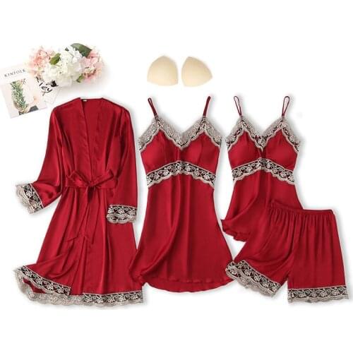 FZSLCYIYI 4/3/2/1Pcs Bride Bridesmaid Pajamas Sleepwear Sexy Satin Silk Homewear Sleep Lounge Pyjama With Chest Pads Nightwear