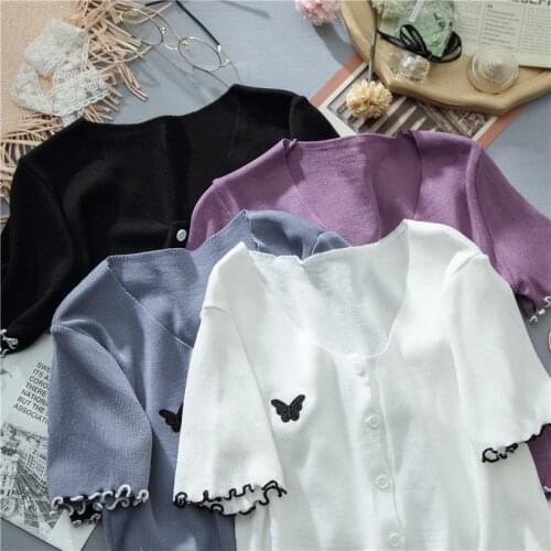 HELIAR Women Summer Knitted V-Neck Plain T-shirts Women Butterfly T-Shirts Buttons Flounce Hem Crop Tops For Women 2021 Summer