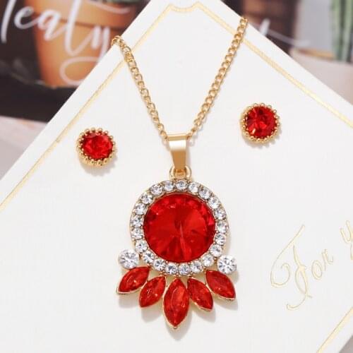 2019 Gold Color Pendants & Necklace Stud Earrings Colorful Natural Stone Cubic Zirconia Crystal Romantic Bridal Jewelry Sets