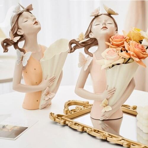 Creative Resin Embellishments Butterfly Girl Vase Sculpture Figurine Home Decor Room Flowers Vase Gift Decoration Accessories