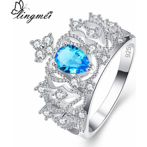 Lingmei Drop Shipping Crown Princess Jewelry Pear Cut Blue & White Zircon Silver Color Ring Size 6-9 10 Wedding Band Jewelry