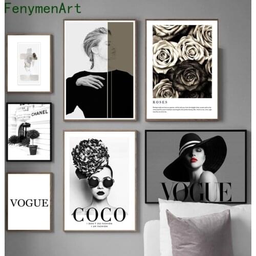 Vogue Fashion Woman Posters Black White Wall Art Canvas Paintings Flower Coco Quotes Prints Nordic Pictures for Home Decor