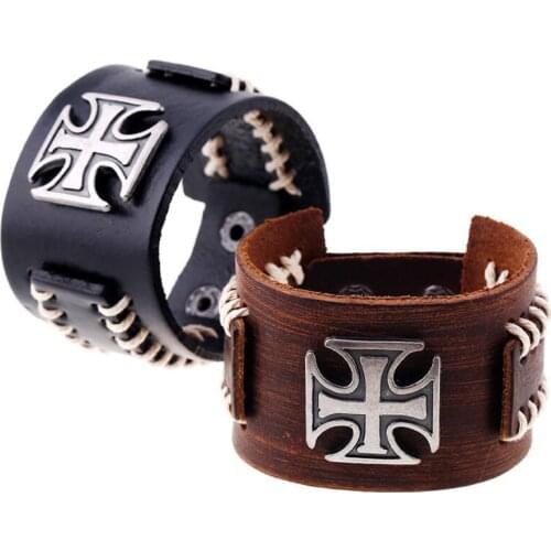 Fashion Punk Gothic Men Women Wide Bracelet Retro Cross Charm Black Brown Leather Bangle Vintage Biker Wristbands Unisex Jewelry