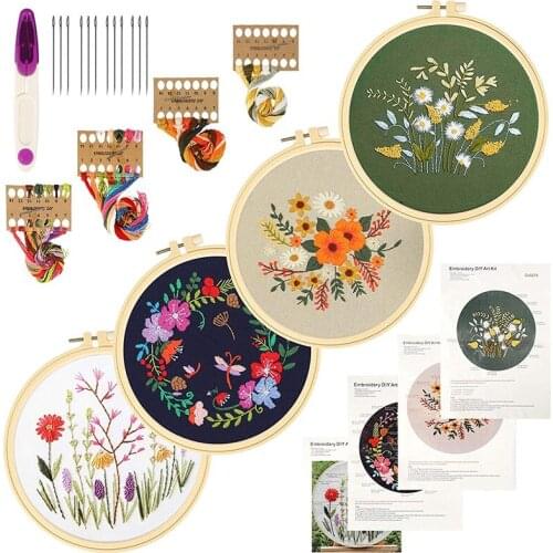 Embroidery Kit for Beginners, 4 Pack Embroidery Starter Kit with Pattern Craft Stamped, Hoops, Scissors