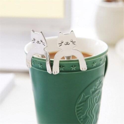 New 2Pcs Stainless Steel Coffee & Tea Spoon Mini Cat Long Handle Creative Spoon Drinking Tools Kitchen Gadget Flatware Tableware
