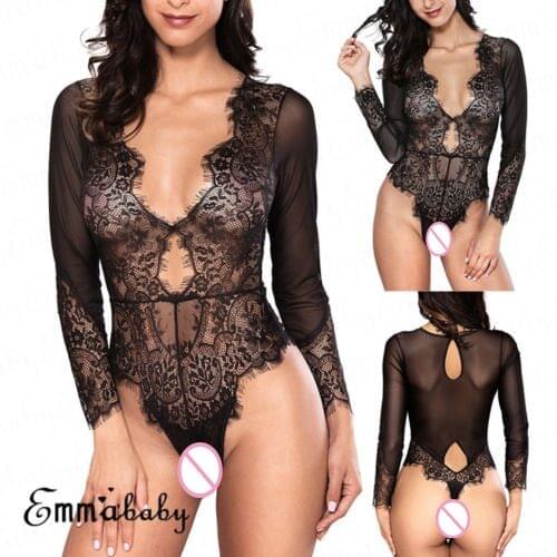 New Womens Long Sleeve Deep V Neck Lace Bodycon Party Bodysuit Jumpsuit Leotard Tops Exotic Apparel Teddies Bodysuits