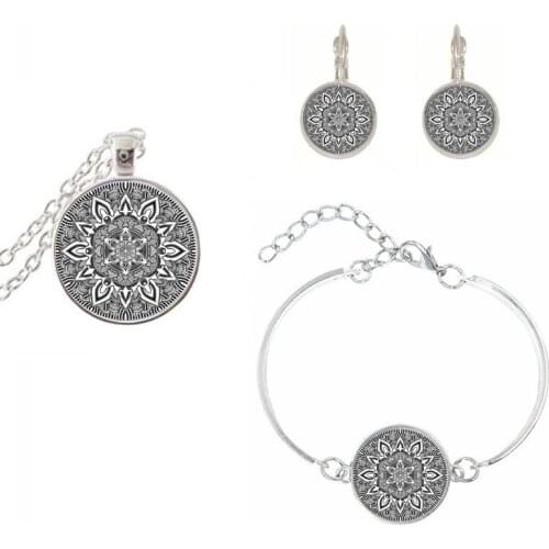 Charm Mandala Glass Necklace set On silver color Earring bracelet Om Symbol Buddhism Zen Henna Yoga Jewelry For Women Pendant
