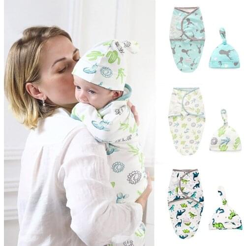 Baby Swaddle + Hat Set Infant Wrap Parisarc 100% Cotton Soft Newborn Baby Printed Blanket Swaddling Wrap Blanket Sleepsack
