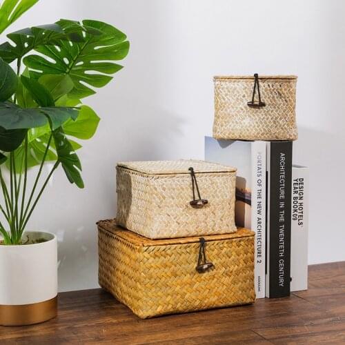 Wicker Storage Box with Lid Seagrass Woven Storage Baskets Handmade Cosmetic Jewelry Container for Home Bathroom Hotel Supplies