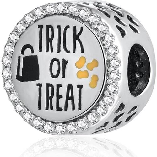 Authentic S925 Silver Charm Mixed Enamel Trick Or Treat With Crystal Bead fit Lady Bracelet Bangle DIY Jewelry