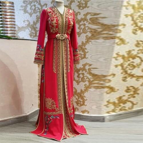 Real Image Moroccan Caftan Evening Dresses Red Appliques Muslim Special Occasion Dress Arabic Abaya Prom Gown robe de soiree