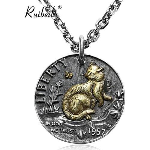 Ruibeila cat butterfly pendant necklace keychain personality 925argent retro distressed round coin pendant jewelry penden