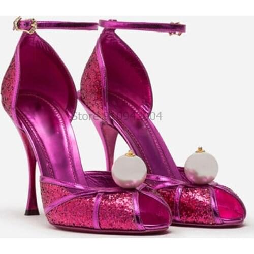 Thin High Heel Sandals Woman Jeweled Pearl Ankle Strap Open Toe Shining Deep Toe Rhinestone Summer Sandals Women Dance Shoes