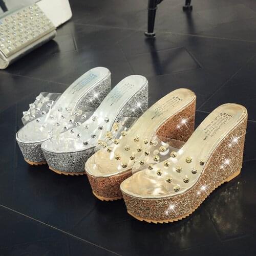 New creepers transparent slip-on slides summer women shoes studded platform wedges slippers anti-skid sequins muffins flip flops